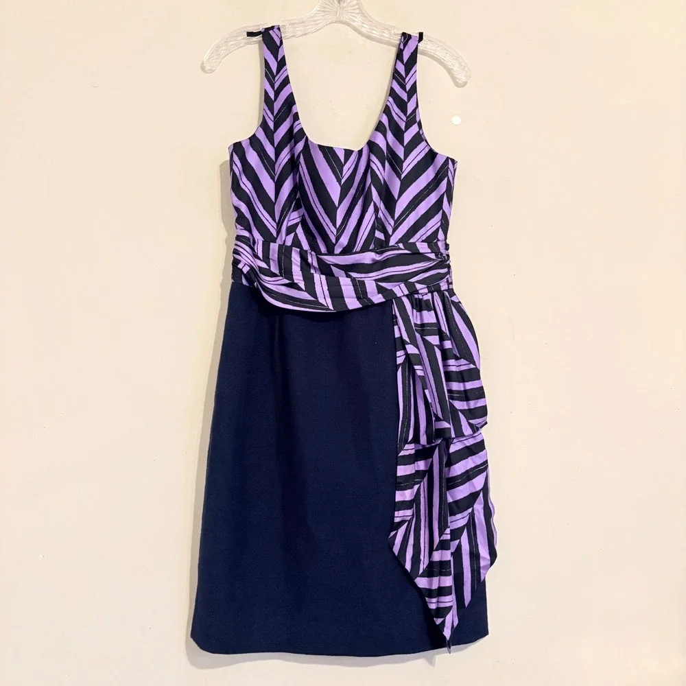 Milly Marcela Silk Purple Black Striped Sleeveless Sheath Dress Side Drape Sz 4 - Picture 5 of 15